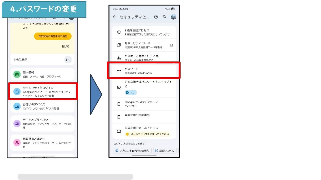 Googleアカウントのセキュリティとログインからパスワードを変更する画面
