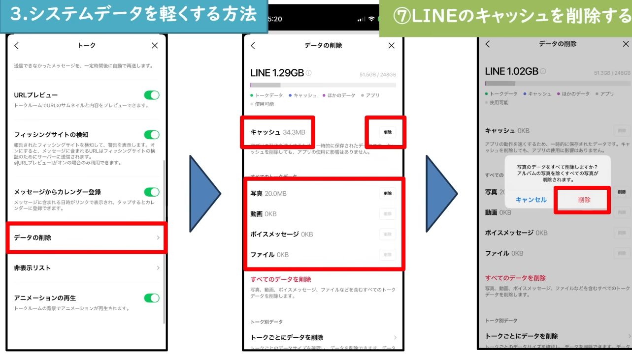 LINEの設定からトークのデータ削除を開きキャッシュだけを削除する画面
