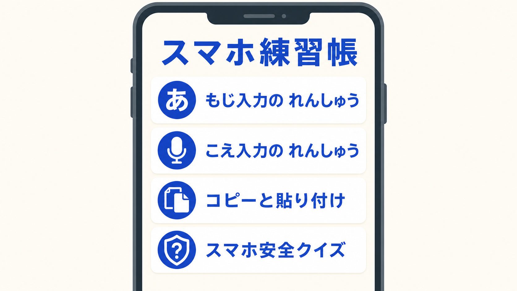 スマホ練習帳のメニュー。もじ入力、こえ入力、コピーと貼り付け、スマホ安全クイズの4つ