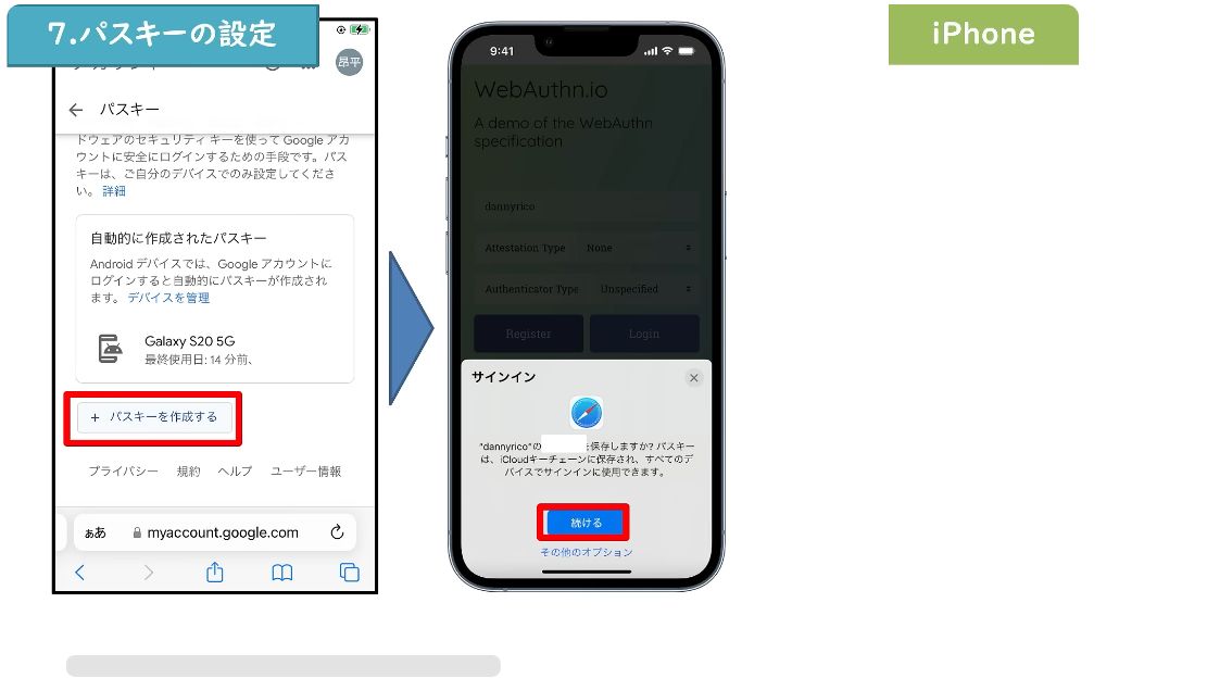 iPhoneのSafariでGoogleアカウントのパスキーを作成する画面