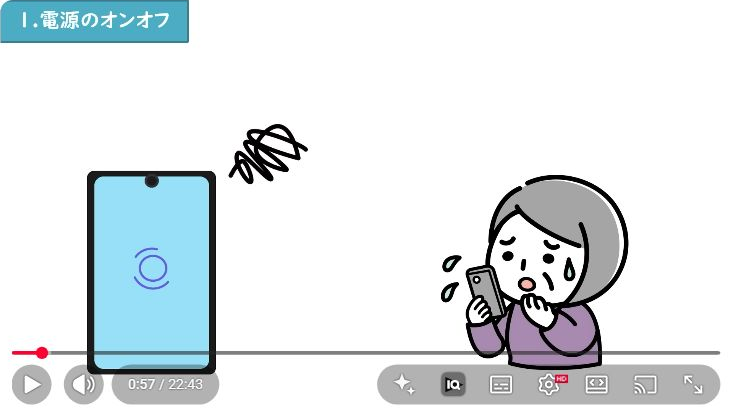 スマホの電源オンオフと再起動を説明する動画画面
