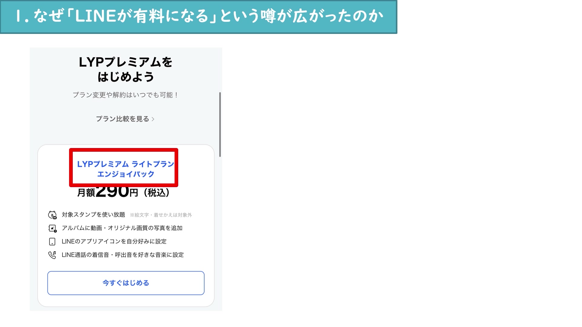 月額290円の新しい有料プランがLINE有料化のうわさにつながったことを説明する画面