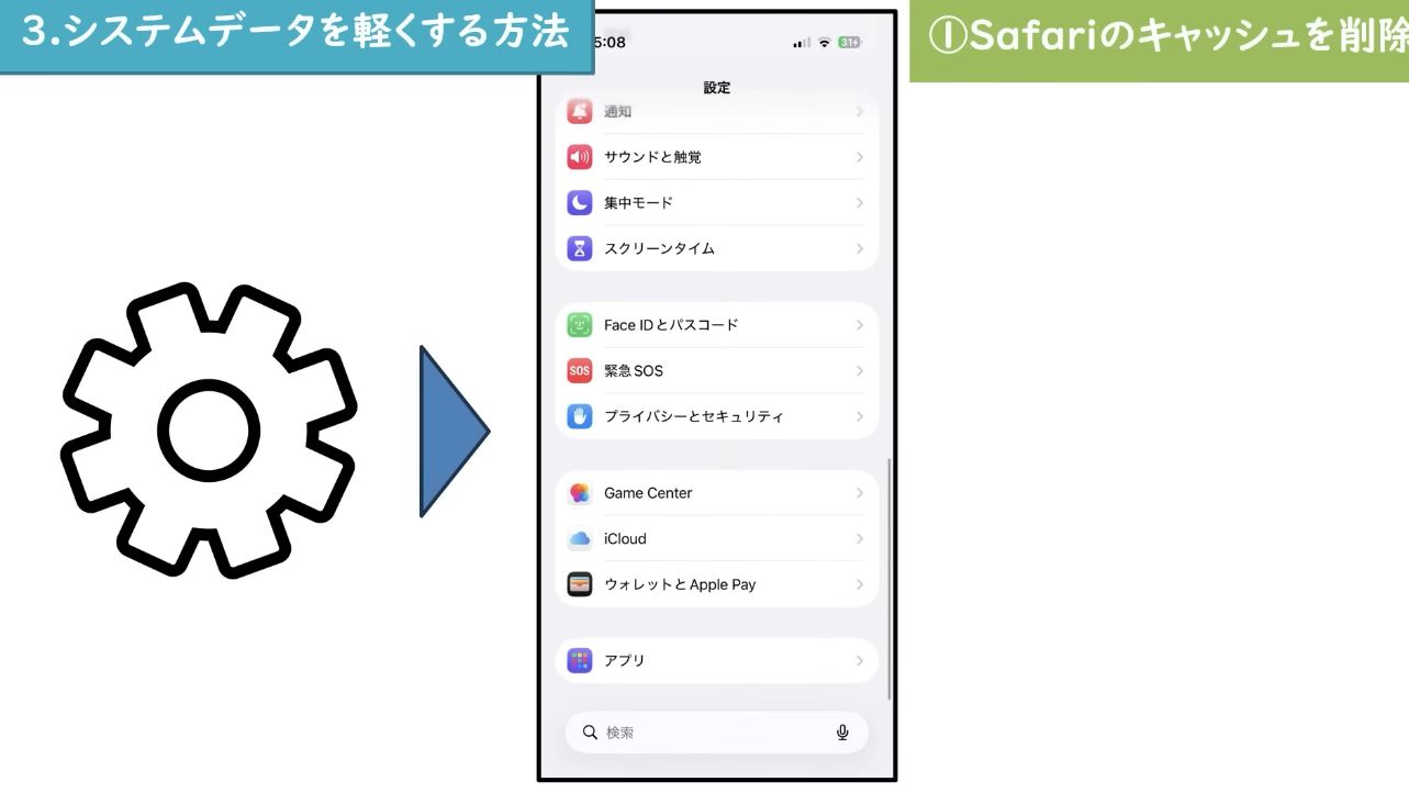 iPhoneの設定からアプリを開きSafariを選ぶ手順