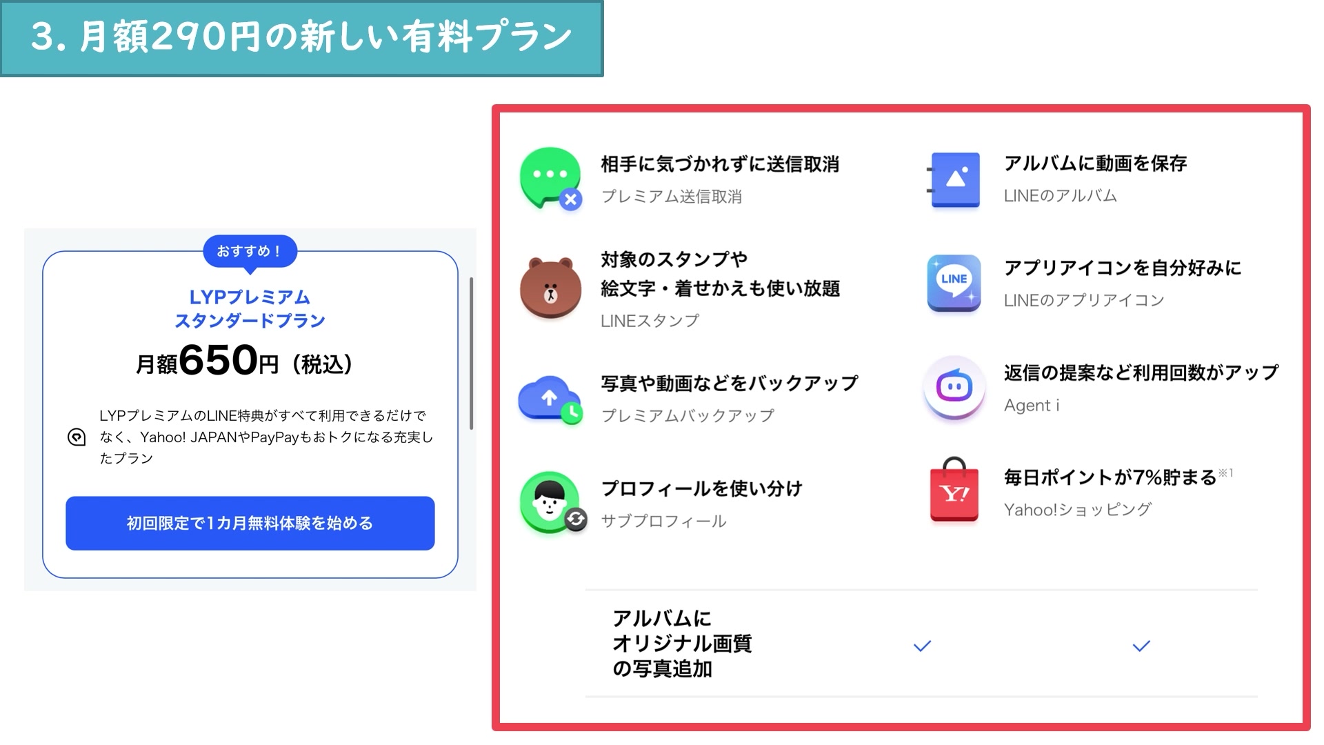 月額650円のLYPプレミアムで利用できる主な機能を一覧で示す動画画面